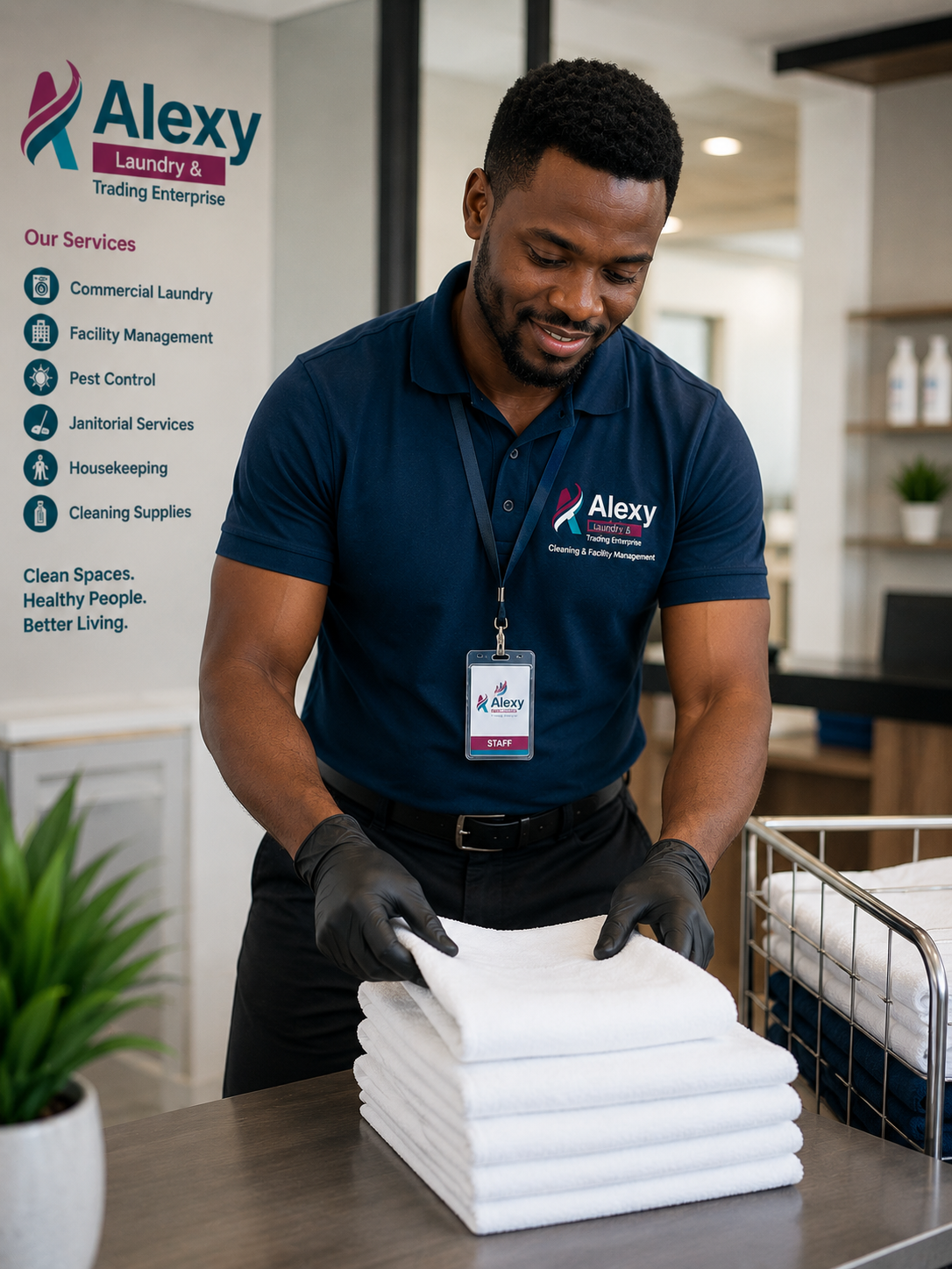 Alexy Laundry staff member folding fresh towels